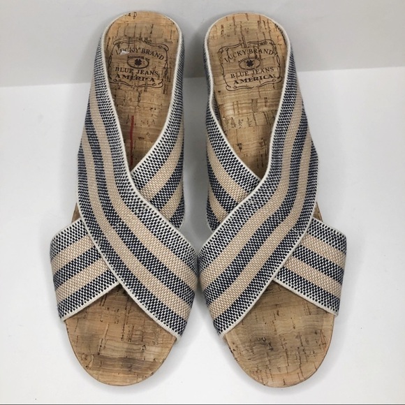 Lucky Brand cream navy X strap cork wedge heels - Picture 2 of 11